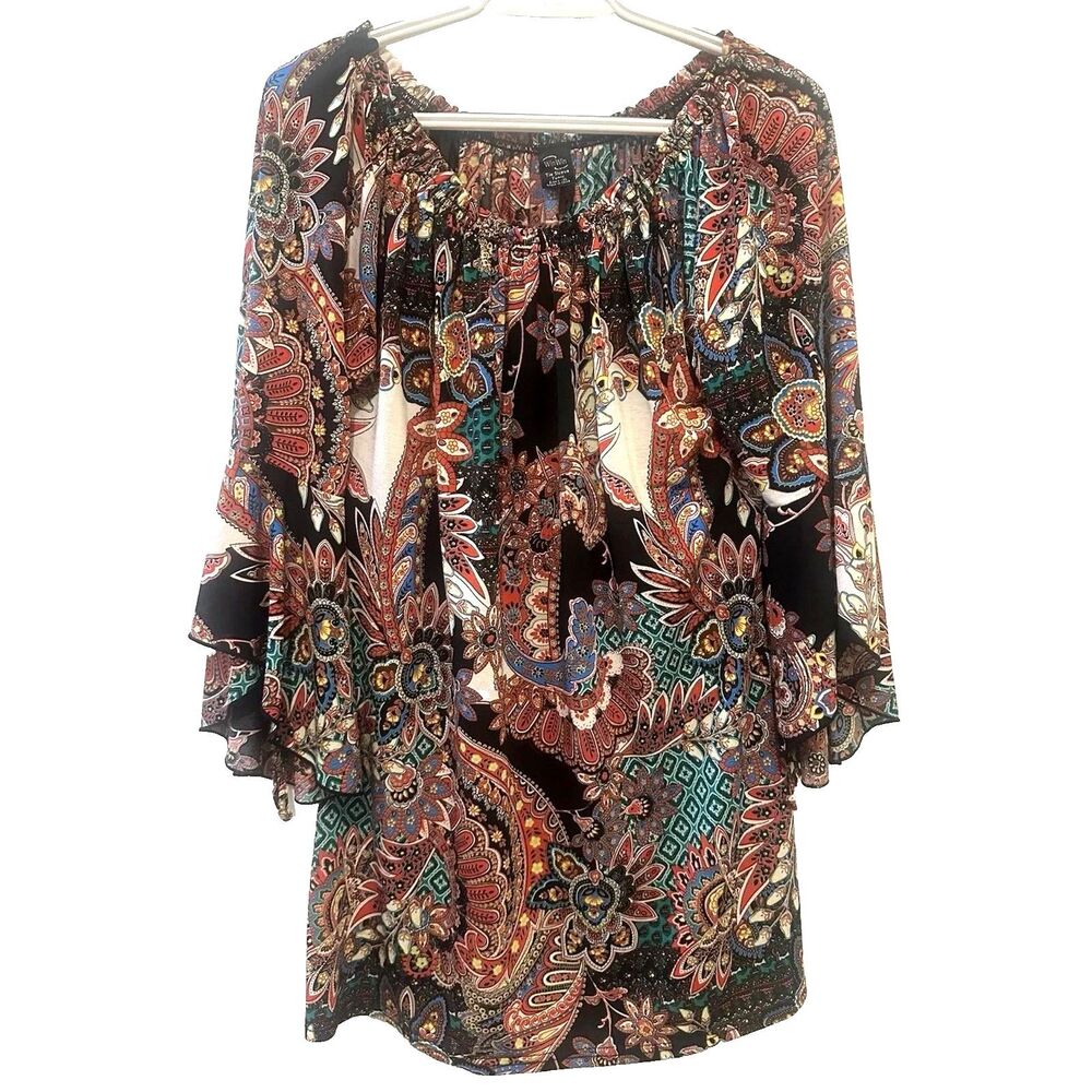 WinWin Boho Paisley Floral Tie Sleeve Tunic Top Multicolor Size L-XL Peasant
